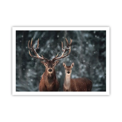 Plakat - Jelenie w zimowym lesie pokrytym śniegiem - 100x70cm - Pan lasu z małżonką - Nowoczesna dekoracja ścienna do salonu i sypialni ARTTOR