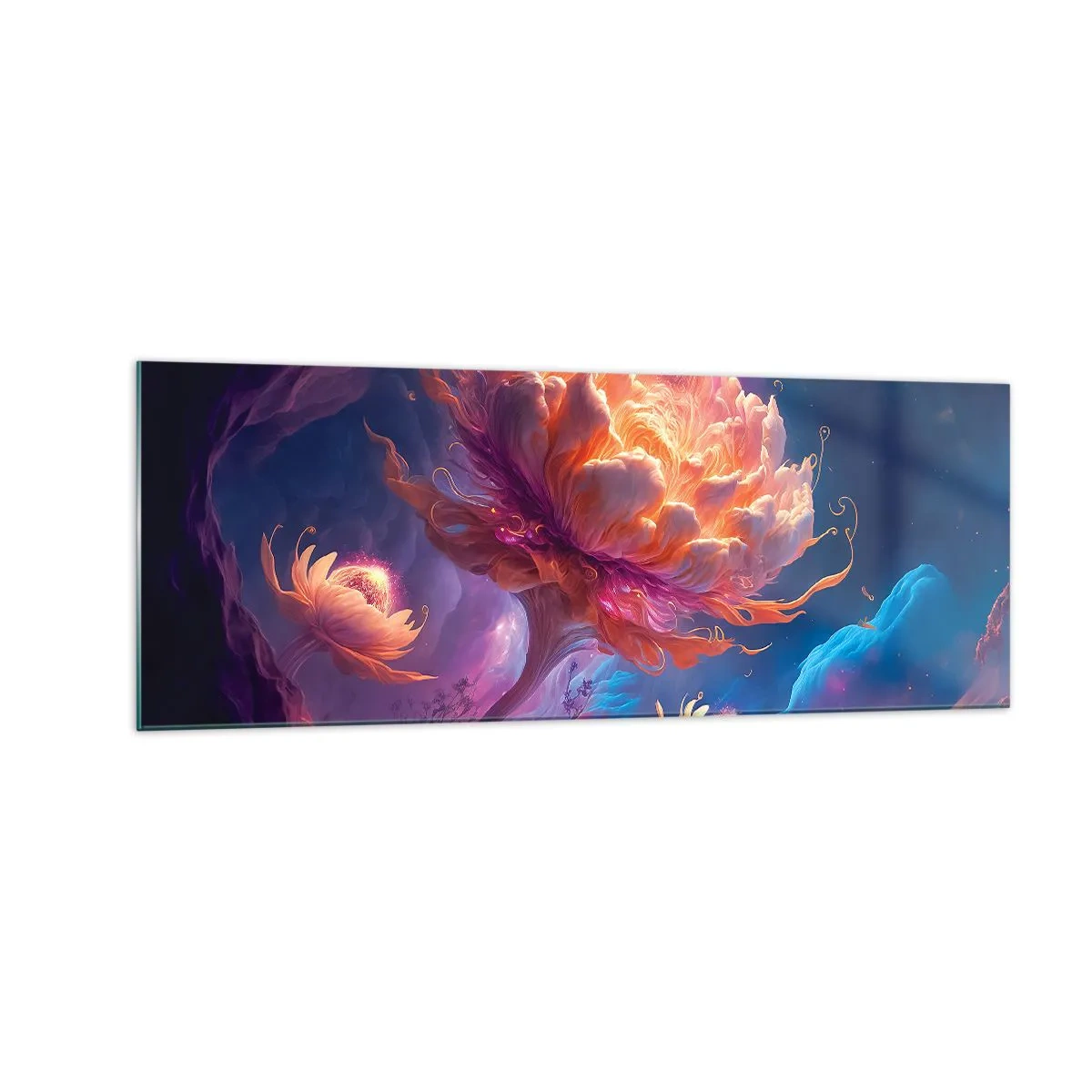 Obraz na szkle - Fantazyjne kwiaty w kosmicznym krajobrazie - 140x50cm - Inny świat - Nowoczesna dekoracja ścienna do salonu i sypialni ARTTOR