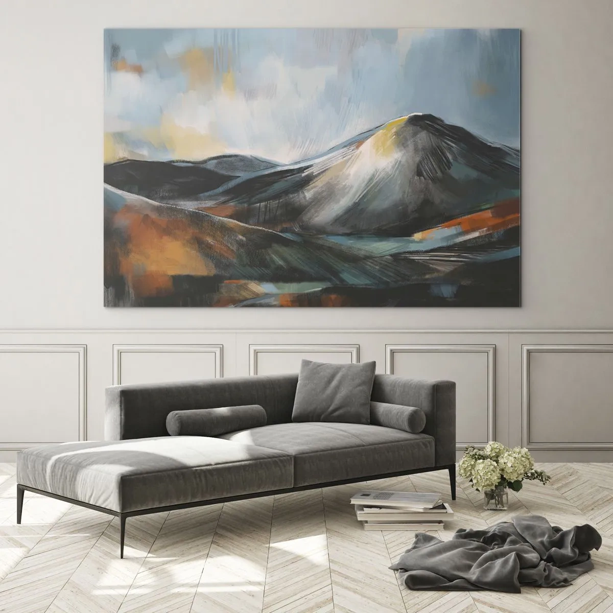 Obraz na szkle - Malarski pejzaż górski w ciepłych i chłodnych barwach - 70x50cm - Surowe i piękne - Nowoczesna dekoracja ścienna do salonu i sypialni ARTTOR