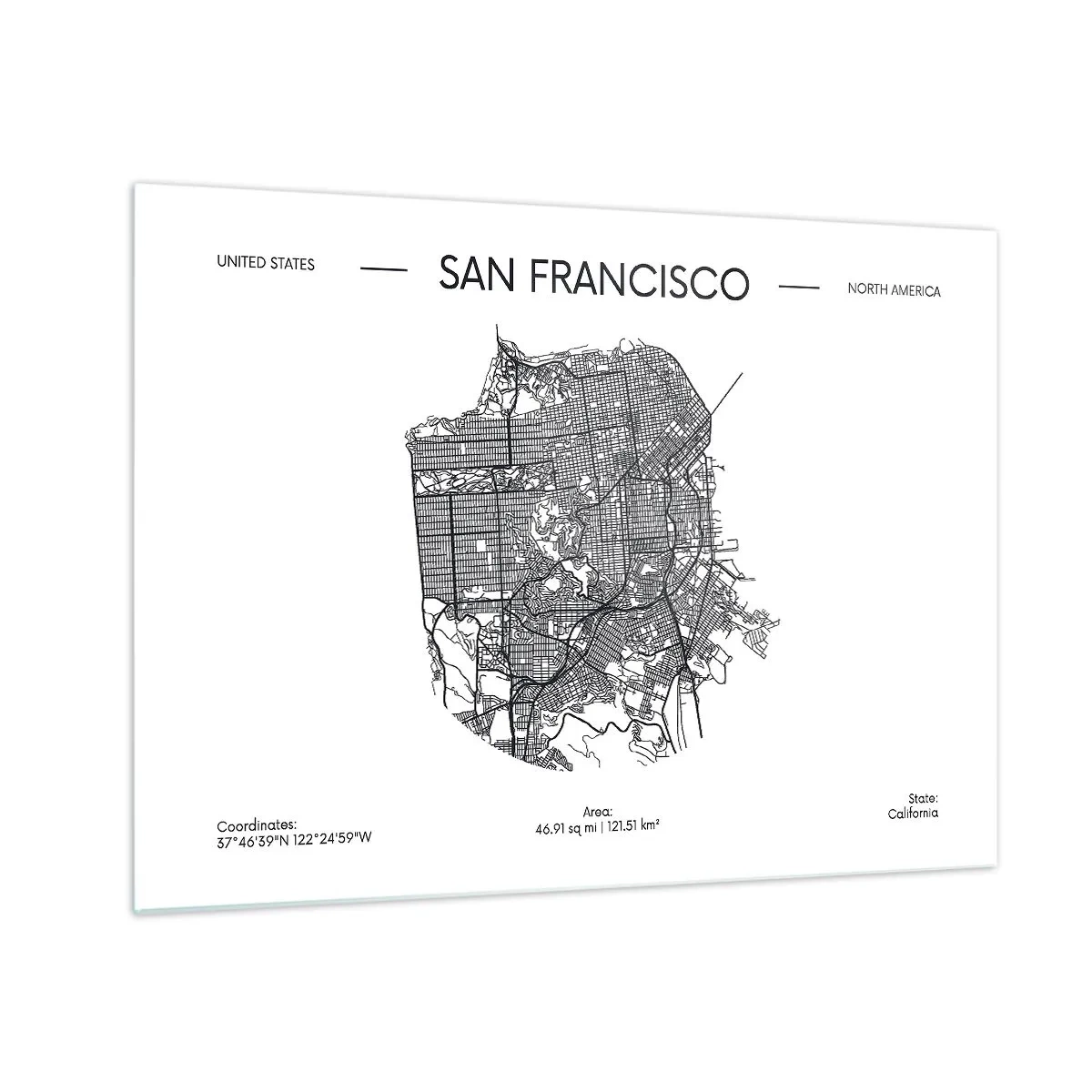 Obraz na szkle - Mapa ulic San Francisco w stylu minimalistycznym - 70x50cm - Anatomia San Francisco - Nowoczesna dekoracja ścienna do salonu i sypialni ARTTOR