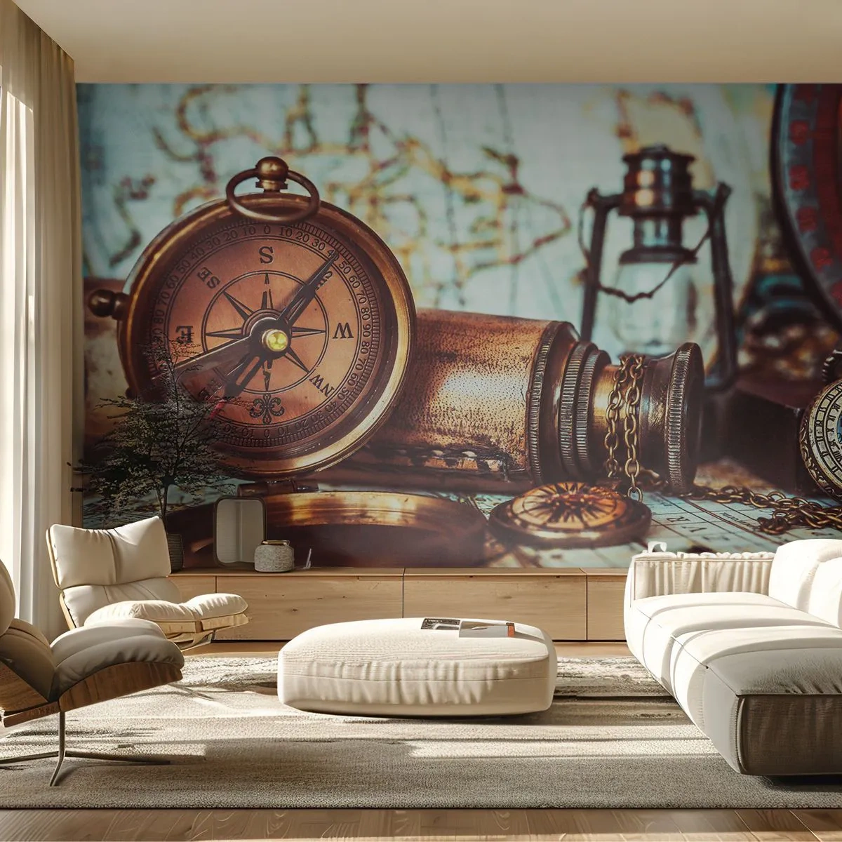 Fototapeta Premium Sand - Zabytkowy kompas i mapa w stylu vintage - 100x70cm - Piracka przygoda na Karaibach czeka - Nowoczesna dekoracja ścienna do salonu, kuchni i sypialni ARTTOR