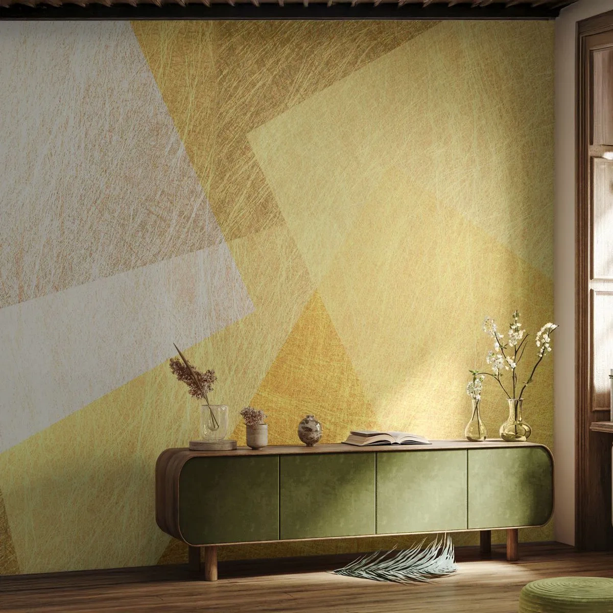 Fototapeta Premium Sand - Złote geometryczne kształty z efektem metalicznej faktury - 100x70cm - Pogoda geometrii - Nowoczesna dekoracja ścienna do salonu, kuchni i sypialni ARTTOR