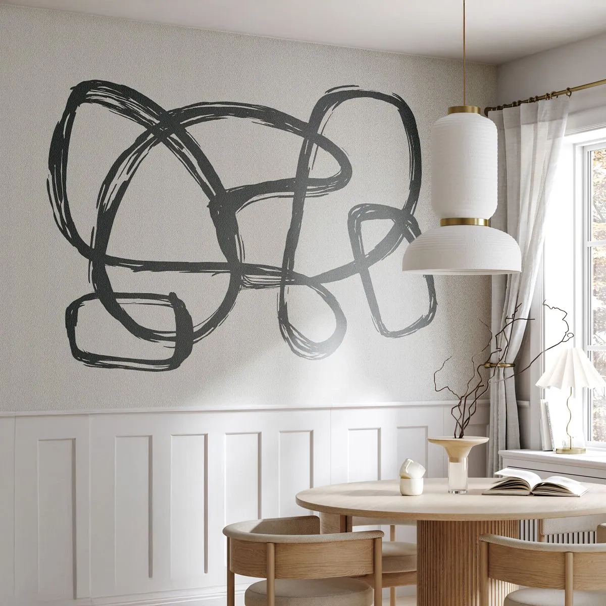 Fototapeta Premium Sand - Czarna abstrakcyjna linia tworząca pętle na jasnym tle - 100x70cm - Zapętlona abstrakcja - Nowoczesna dekoracja ścienna do salonu, kuchni i sypialni ARTTOR