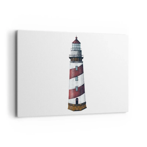 Obraz na płótnie - Rysunkowy obraz latarni morskiej z czerwono-białymi pasami na minimalistycznym tle - 120x80cm - Zawsze na straży - Nowoczesna dekoracja ścienna do salonu, kuchni i sypialni ARTTOR