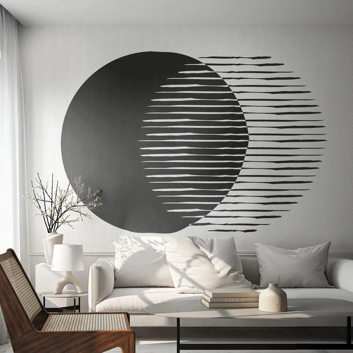 Fototapeta Premium Sand - Czarny okrąg z poziomymi liniami na białym tle - 100x70cm - Jego alter ego - Nowoczesna dekoracja ścienna do salonu, kuchni i sypialni ARTTOR