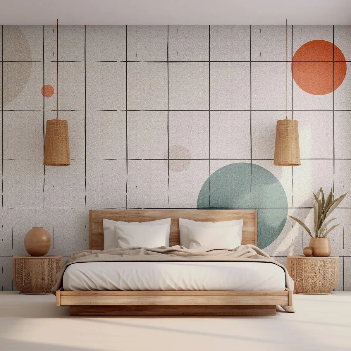 Fototapeta Premium Sand - Kolorowe koła na tle siatki z cienkich czarnych linii - 100x70cm - Uwięzione. My czy one? - Nowoczesna dekoracja ścienna do salonu, kuchni i sypialni ARTTOR