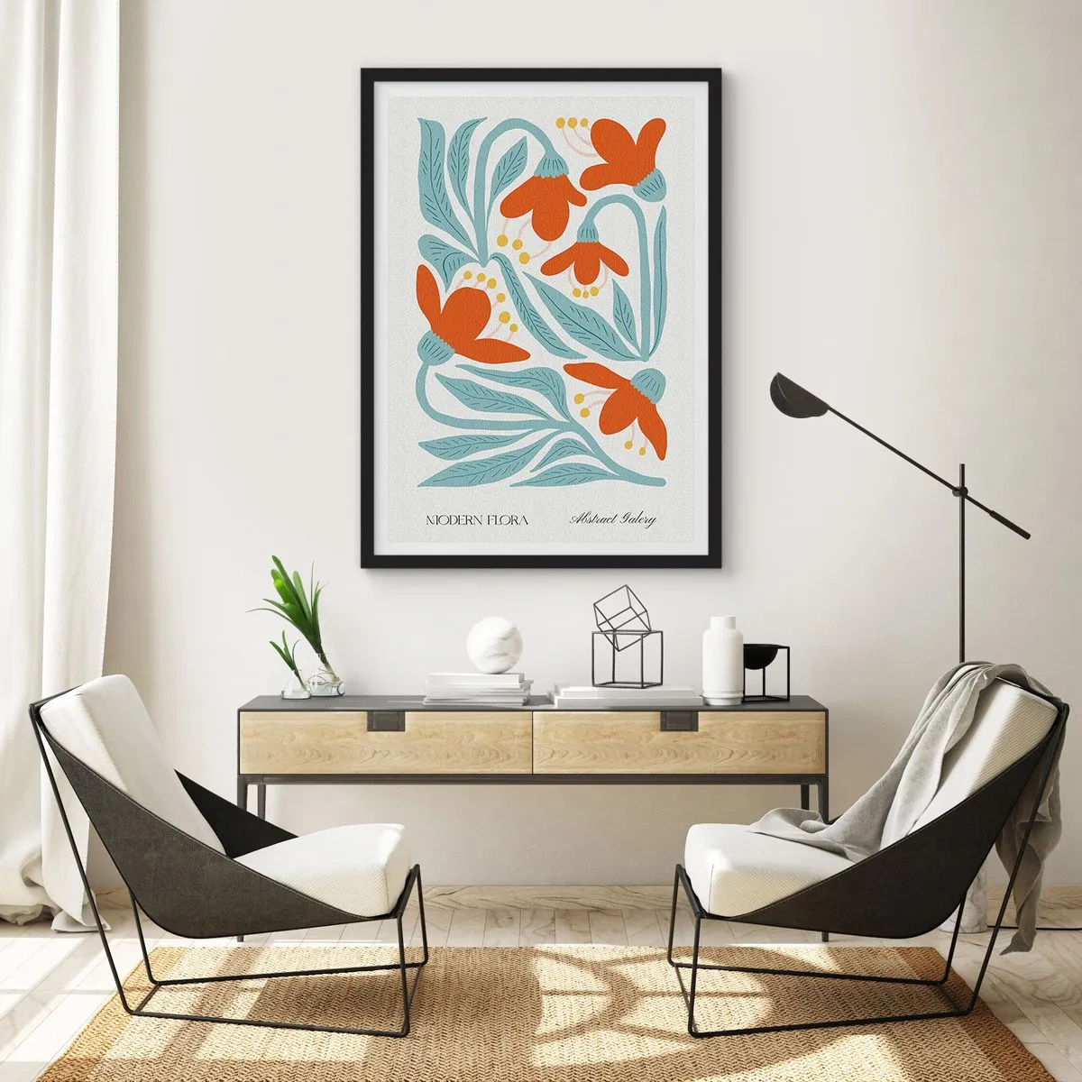 Plakat w czarnej ramie - Dekoracyjne kwiaty w odcieniach pomarańczu i błękitu - 50x70cm - Ku ziemi, ku słońcu - Nowoczesna dekoracja ścienna do salonu i sypialni ARTTOR