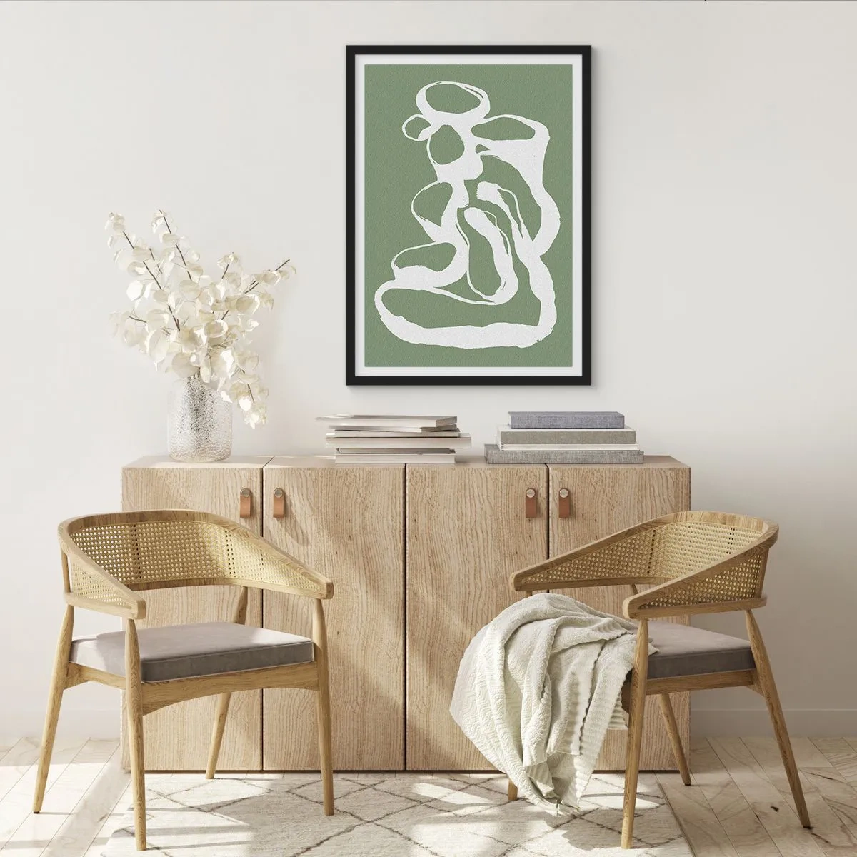 Plakat w czarnej ramie - Abstrakcyjna biała kompozycja na zielonym tle - 50x70cm - Wołanie przestrzeni - Nowoczesna dekoracja ścienna do salonu i sypialni ARTTOR