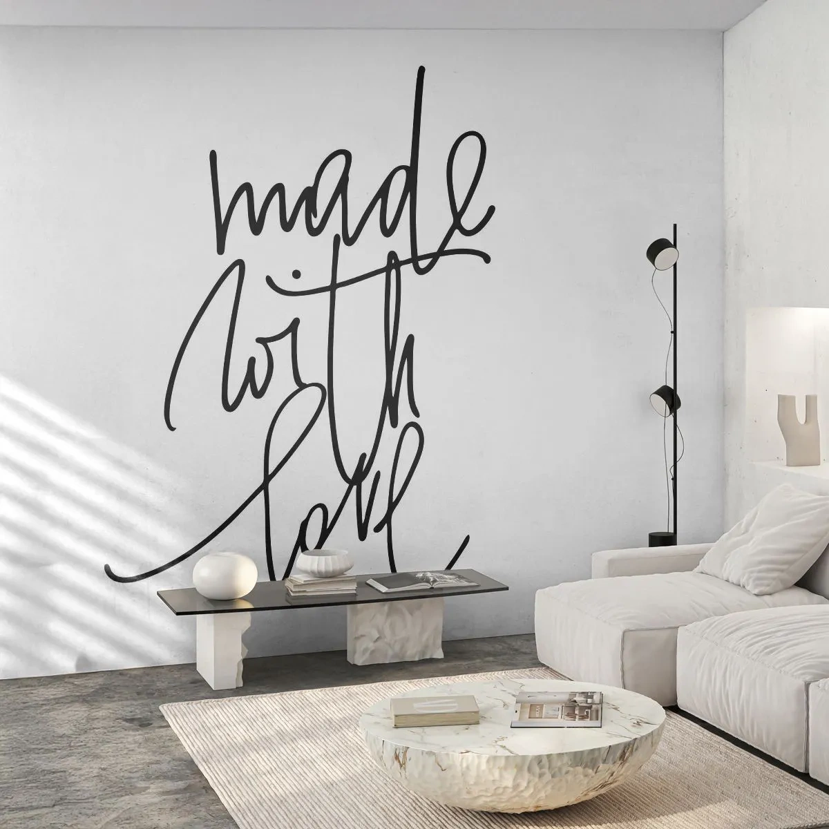 Fototapeta Premium Sand - Nowoczesna kaligrafia z napisem 'Made with love' - 100x70cm - Najlepsza marka - Nowoczesna dekoracja ścienna do salonu, kuchni i sypialni ARTTOR