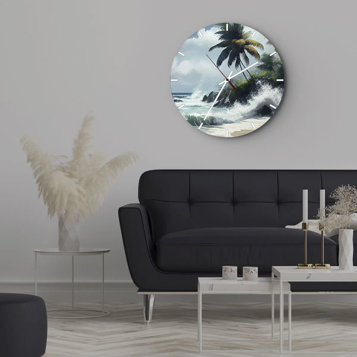 Zegar ścienny - Tropikalna plaża z palmami i rozbijającymi się falami oceanu - 30x30cm - Na tropikalnym brzegu - Nowoczesna dekoracja ścienna do salonu, kuchni i sypialni ARTTOR
