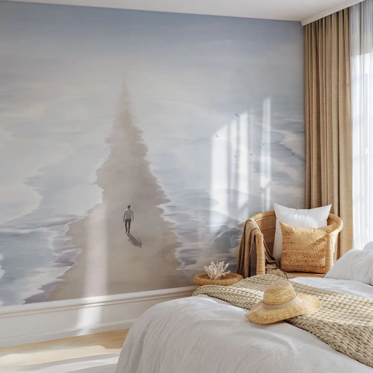 Fototapeta Premium Sand - Postać na ścieżce między falami w kierunku horyzontu - 100x70cm - Jasna przyszłość - Nowoczesna dekoracja ścienna do salonu, kuchni i sypialni ARTTOR