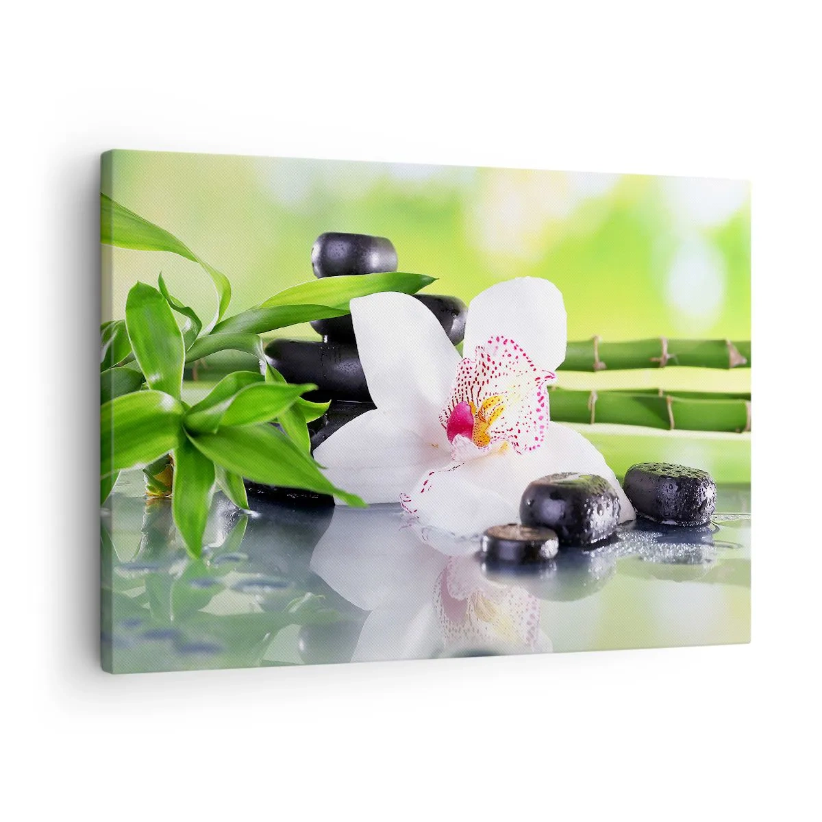 Obraz na płótnie - Orchidea, kamienie i bambus w harmonijnej kompozycji spa - 70x50cm - Chłodna świeżość - Nowoczesna dekoracja ścienna do salonu i sypialni ARTTOR