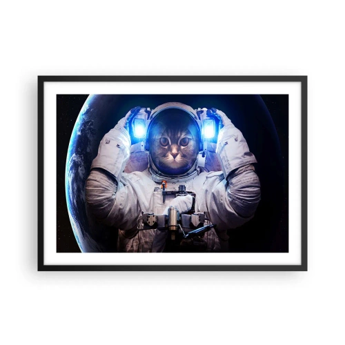Plakat w czarnej ramie - Kot w stroju astronauty z Ziemią w tle i jasnym światłem - 70x50cm - Houston, macie problem - Nowoczesna dekoracja ścienna do salonu i sypialni ARTTOR