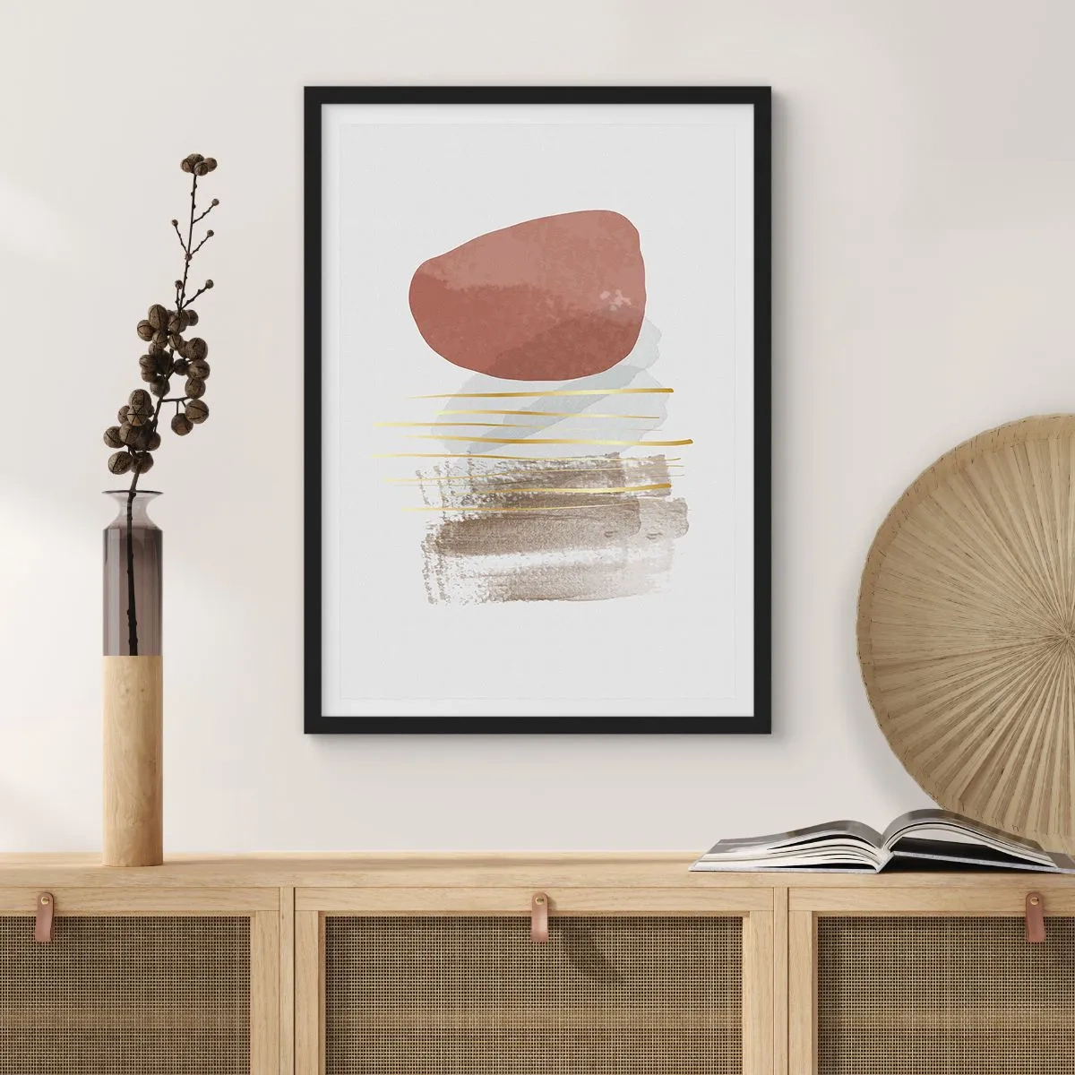 Plakat w czarnej ramie - Minimalistyczna abstrakcja z geometrycznymi kształtami i złotymi liniami - 50x70cm - Abstrakcyjna kolumnada - Nowoczesna dekoracja ścienna do salonu i sypialni ARTTOR