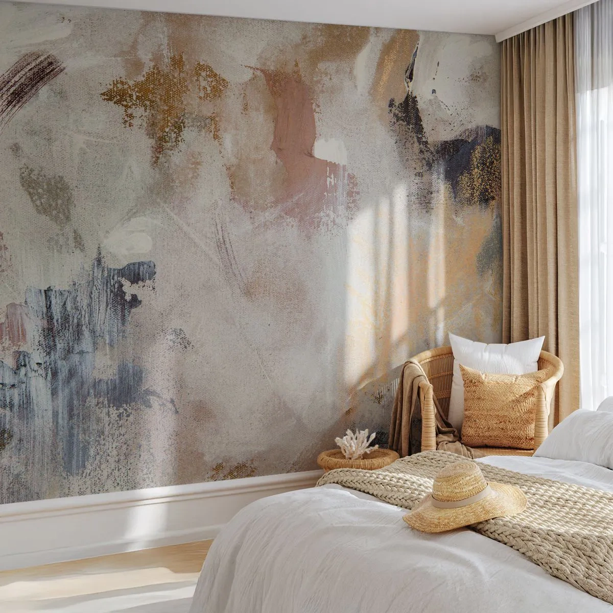 Fototapeta Premium Sand - Zamglona abstrakcja w odcieniach beżu, brązu i błękitu - 100x70cm - Abstrakcja zamglona - Nowoczesna dekoracja ścienna do salonu, kuchni i sypialni ARTTOR