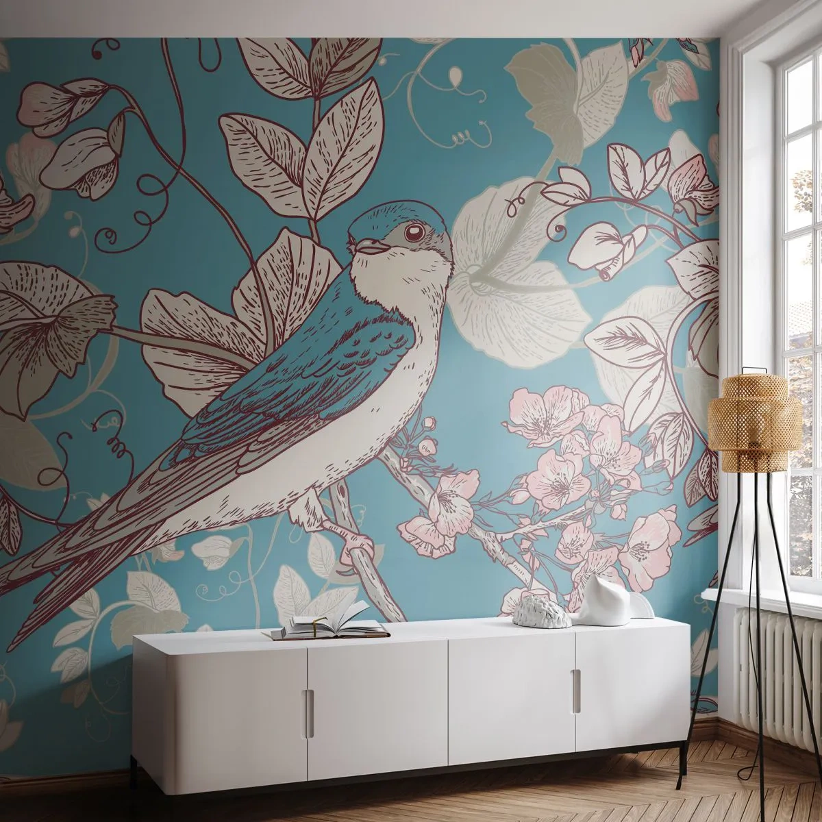 Fototapeta Premium Sand - Stylizowany ptak wśród kwiatów na niebieskim tle - 100x70cm - W białodrzewiu ćwirnie i srebliście - Nowoczesna dekoracja ścienna do salonu, kuchni i sypialni ARTTOR