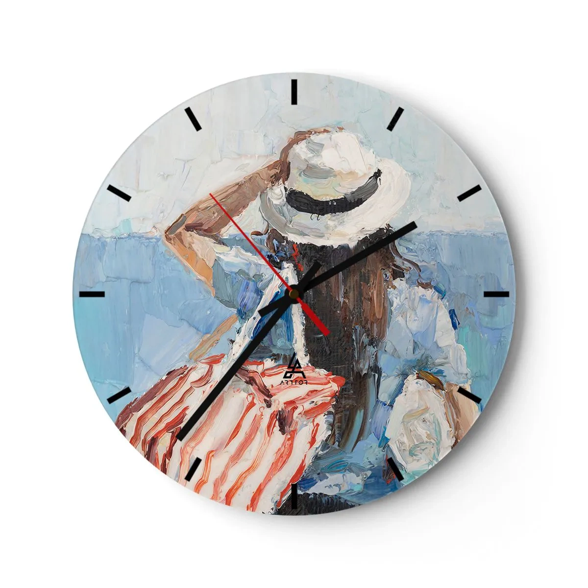 Zegar ścienny - Letni obraz kobiety w kapeluszu na tle morza - 30x30cm - Witaj na wakacjach - Nowoczesna dekoracja ścienna do salonu, kuchni i sypialni ARTTOR