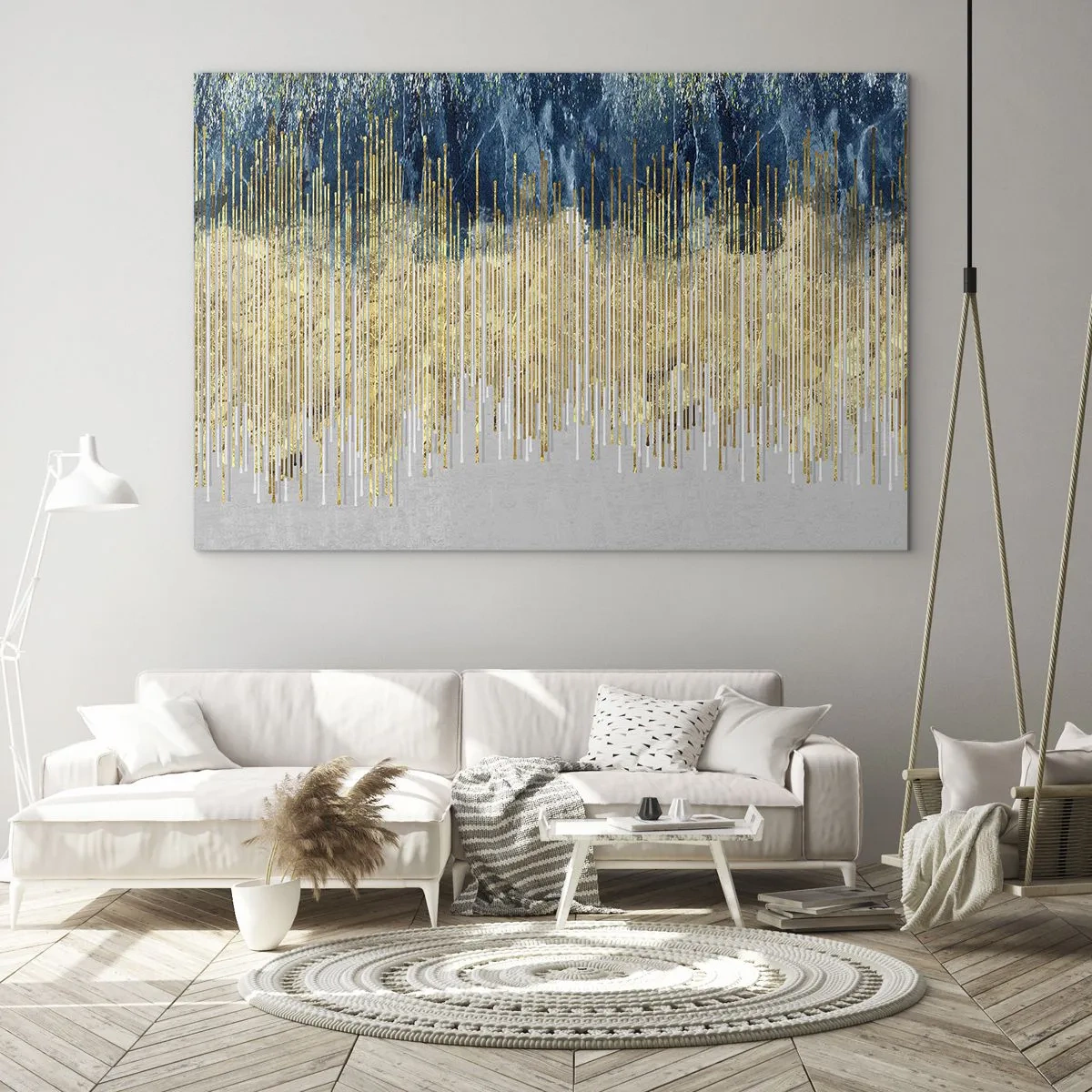 Obraz na szkle - Złote pionowe linie na tle ciemnoniebieskiego lasu - 70x50cm - Wyzłocona granica - Nowoczesna dekoracja ścienna do salonu i sypialni ARTTOR