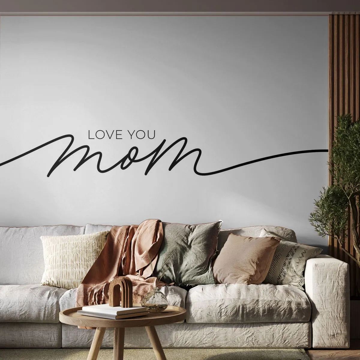 Fototapeta Premium Sand - Minimalistyczny napis 'Love You Mom' na białym tle - 100x70cm - Wielkie wzruszenie - Nowoczesna dekoracja ścienna do salonu, kuchni i sypialni ARTTOR