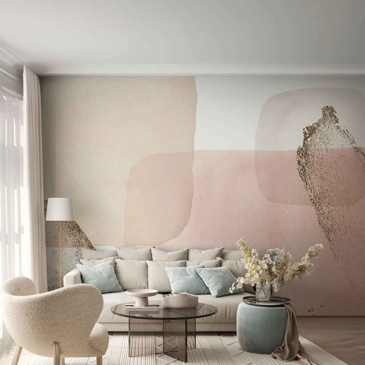 Fototapeta Premium Sand - Abstrakcyjne pastelowe kształty z delikatnym złotym akcentem - 100x70cm - Spojrzenie przez kolor - Nowoczesna dekoracja ścienna do salonu, kuchni i sypialni ARTTOR