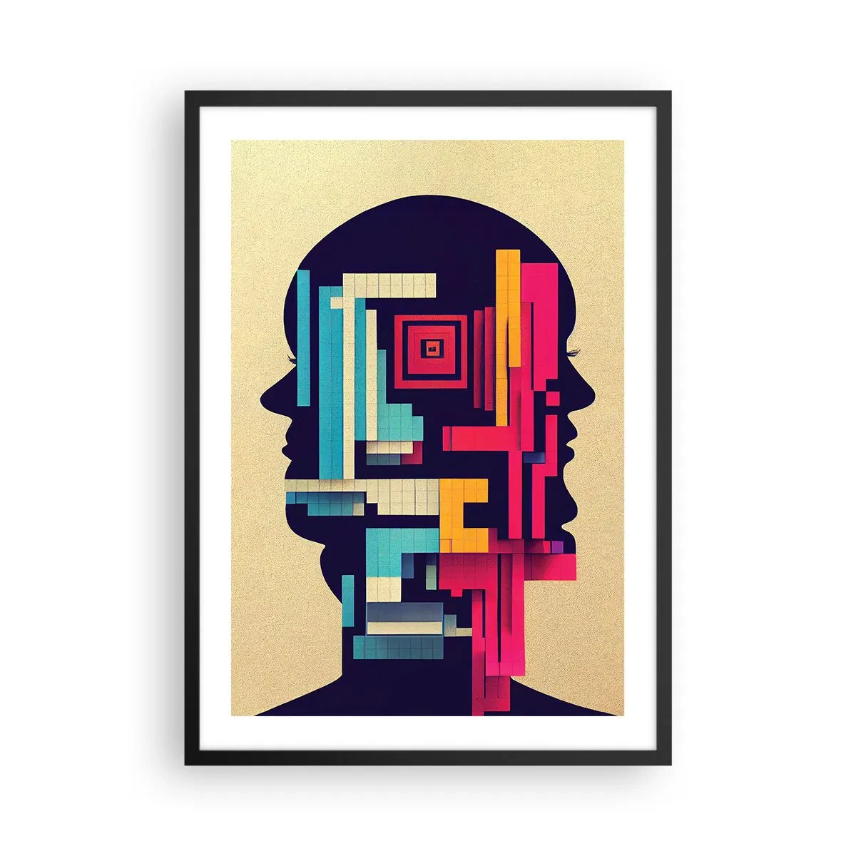 Plakat w czarnej ramie - Abstrakcyjna sylwetka z geometrycznymi formami - 50x70cm - Nowe więzi - Nowoczesna dekoracja ścienna do salonu i sypialni ARTTOR