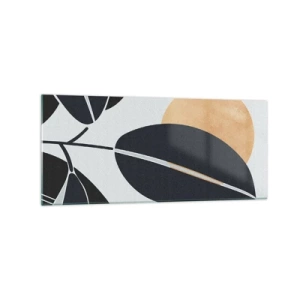Obraz na szkle - Minimalistyczny motyw liści z jasnym słońcem w tle - 120x50cm - Dzień gorącego lata - Nowoczesna dekoracja ścienna do salonu i sypialni ARTTOR