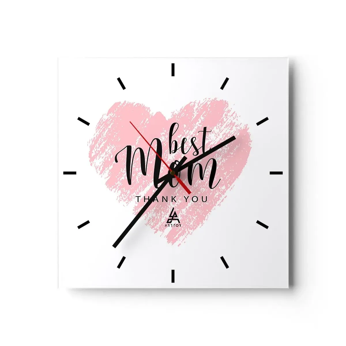 Zegar ścienny - Różowe serce z napisem Best Mom Thank You na białym tle - 30x30cm - Zawsze odpowiedni moment - Nowoczesna dekoracja ścienna do salonu i sypialni ARTTOR