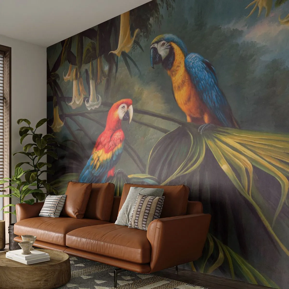 Fototapeta Premium Sand - Dwie kolorowe papugi w tropikalnej dżungli - 100x70cm - Romantyzm w tropikach - Nowoczesna dekoracja ścienna do salonu, kuchni i sypialni ARTTOR