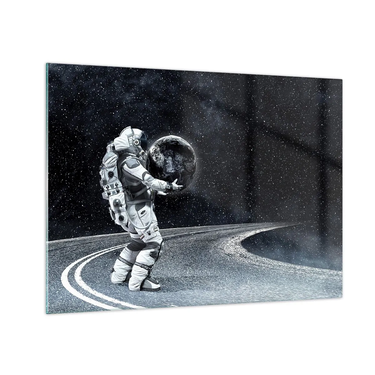 Obraz na szkle - Astronauta niosący Ziemię po drodze we wszechświecie - 70x50cm - Na Mlecznej Drodze - Nowoczesna dekoracja ścienna do salonu i sypialni ARTTOR