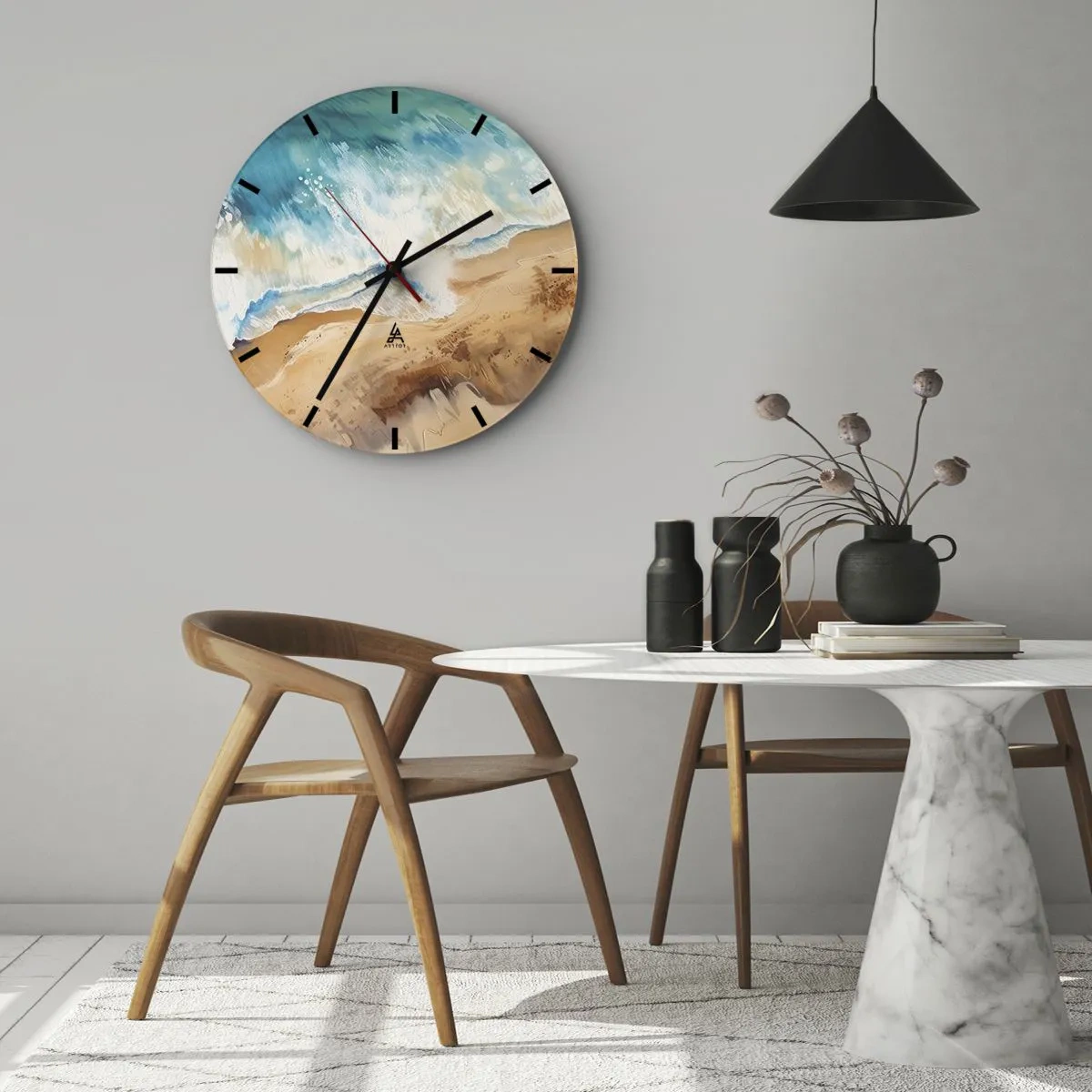 Zegar ścienny - Malarska fala rozbijająca się o piasek z lotu ptaka - 30x30cm - Powracająca fala - Nowoczesna dekoracja ścienna do salonu, kuchni i sypialni ARTTOR