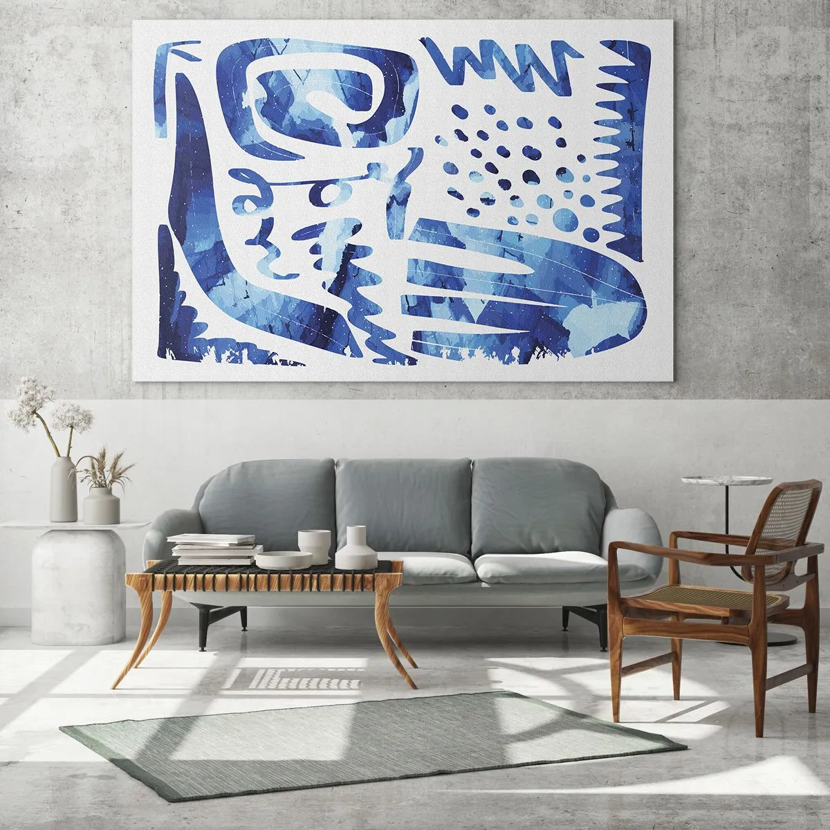 Obraz na szkle - Dynamiczna niebieska abstrakcja z geometrycznymi formami - 70x50cm - Powrót do korzeni - Nowoczesna dekoracja ścienna do salonu i sypialni ARTTOR