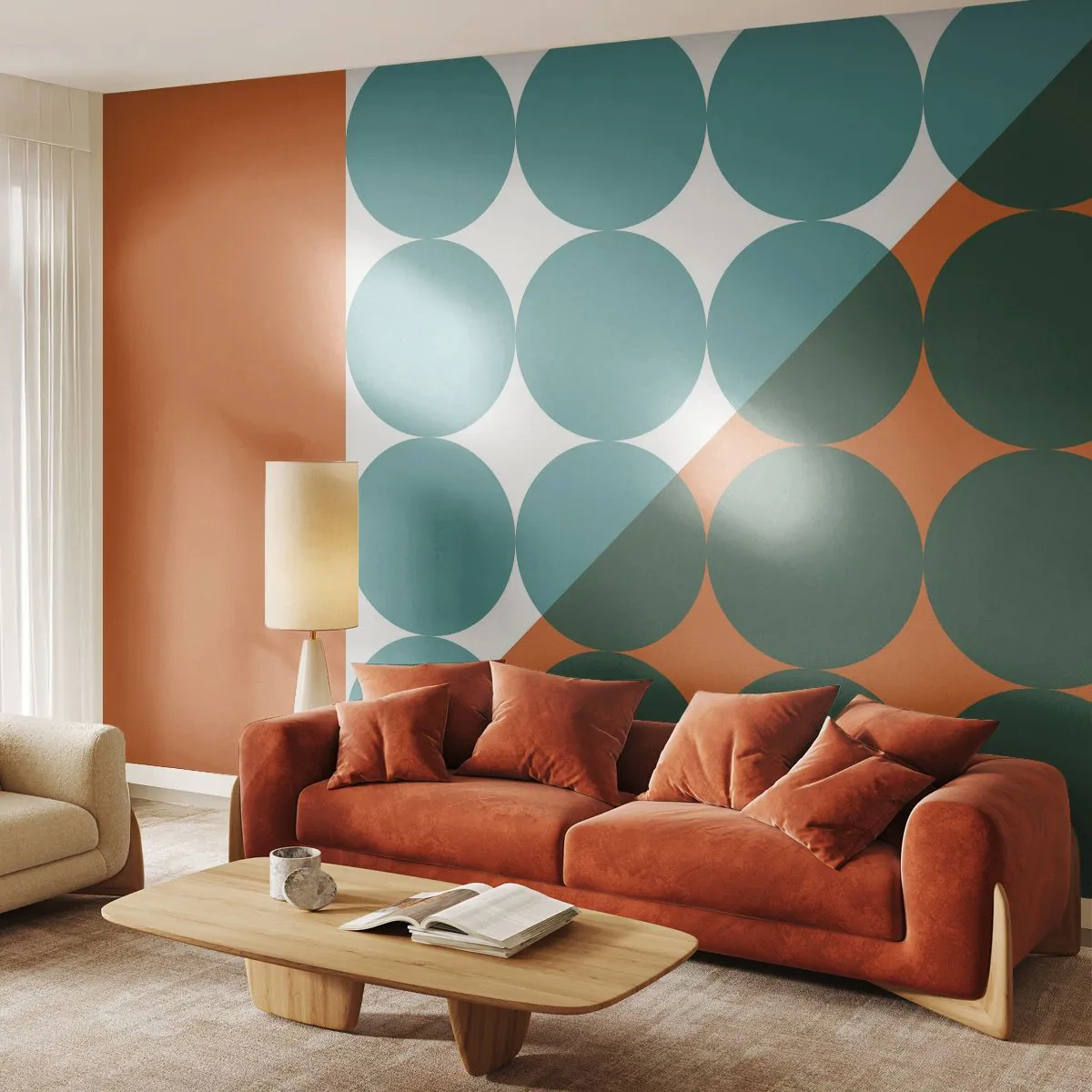 Fototapeta Premium Sand - Geometryczna kompozycja z okręgami w odcieniach zieleni i pomarańczu - 100x70cm - W górę i na skos - Nowoczesna dekoracja ścienna do salonu, kuchni i sypialni ARTTOR