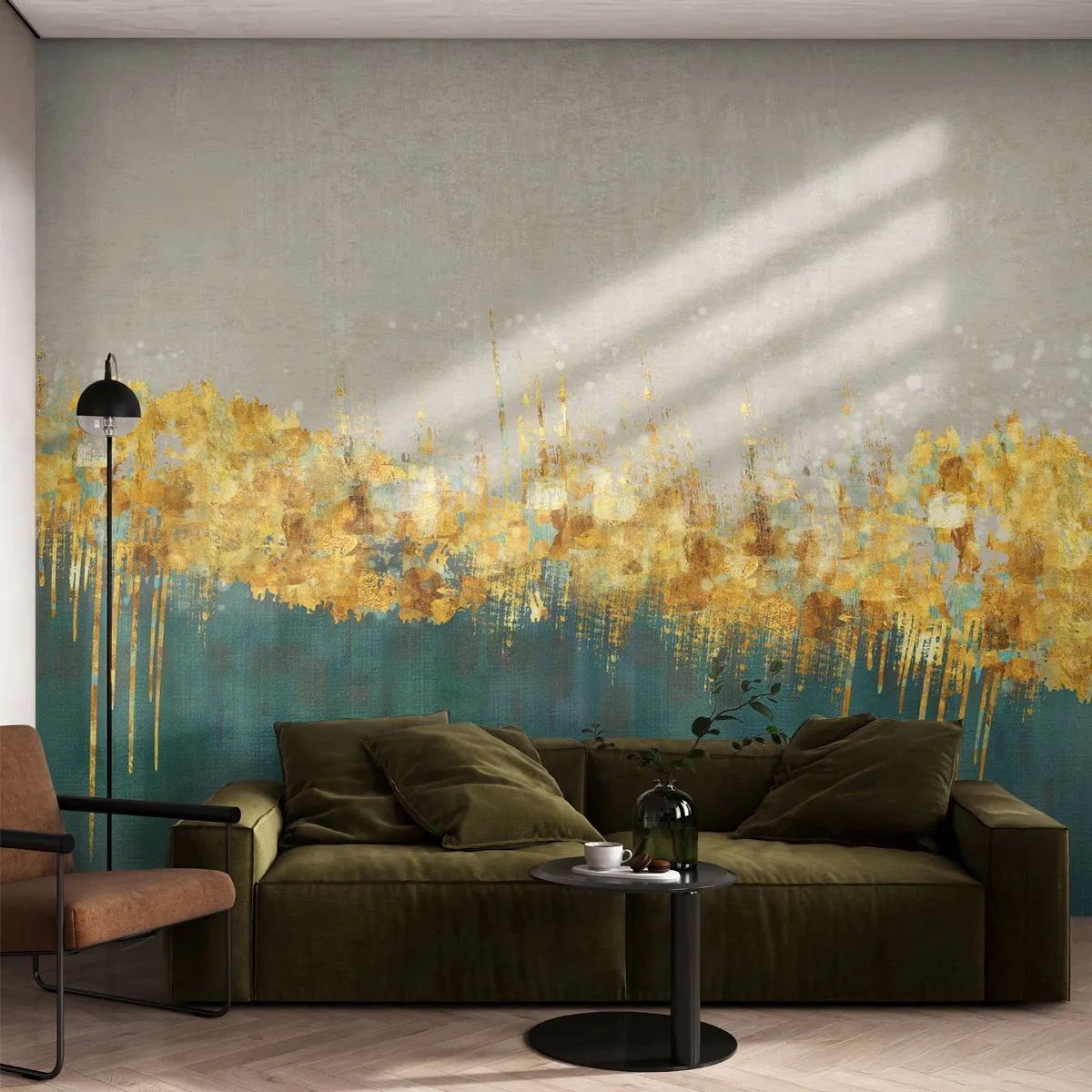 Fototapeta Premium Sand - Złote akcenty na tle beżu i zieleni w abstrakcyjnej formie - 100x70cm - Złota granica - Nowoczesna dekoracja ścienna do salonu, kuchni i sypialni ARTTOR