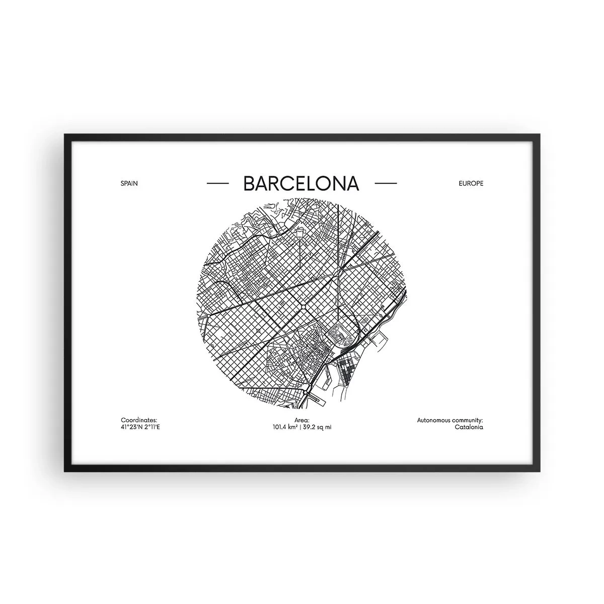 Plakat w czarnej ramie - Mapa Barcelony w minimalistycznym, czarno-białym stylu - 100x70cm - Anatomia Barcelony - Nowoczesna dekoracja ścienna do salonu i sypialni ARTTOR