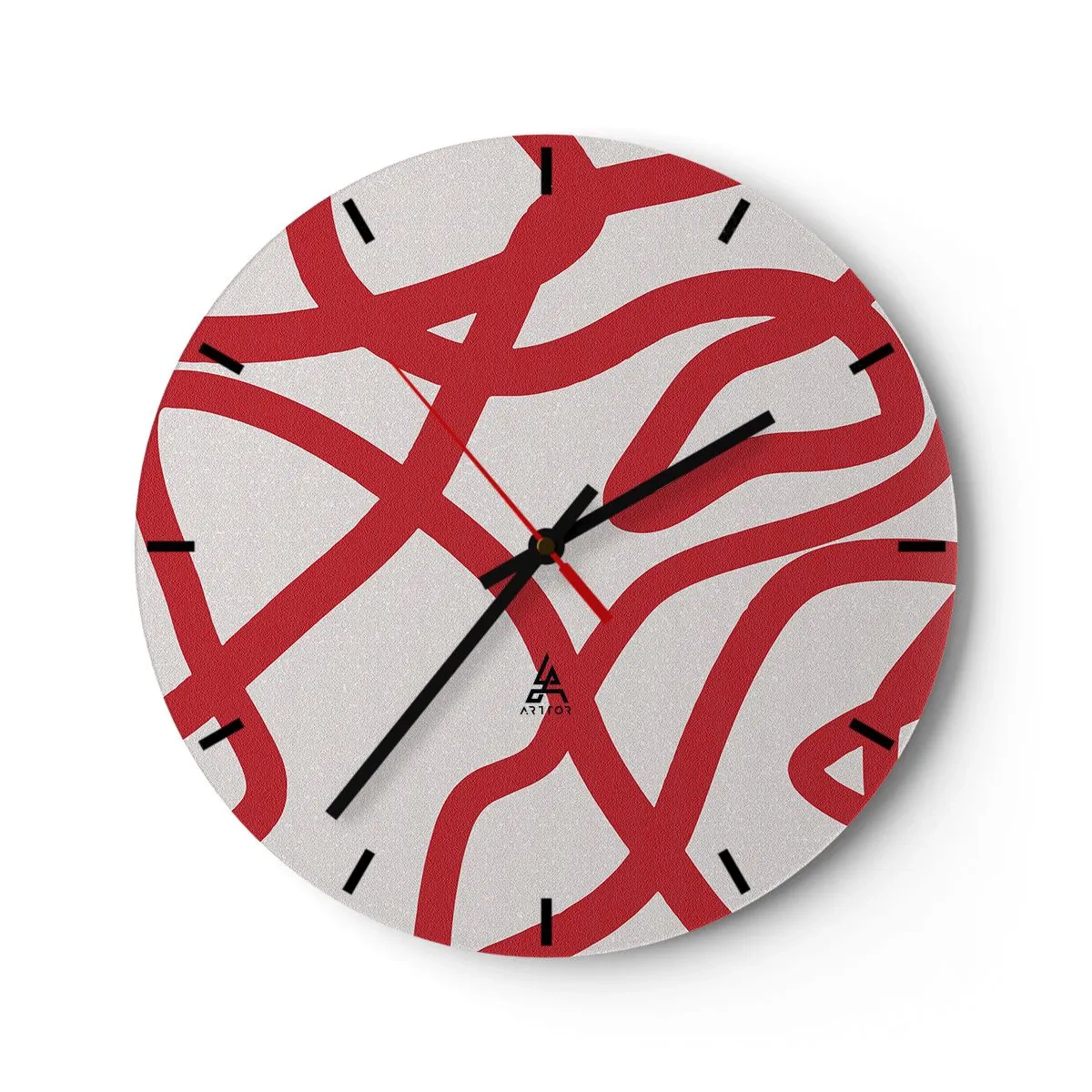 Zegar ścienny - Abstrakcyjne czerwone linie wijące się po białym tle w dynamicznym układzie - 30x30cm - Czerwono na białym - Nowoczesna dekoracja ścienna do salonu, kuchni i sypialni ARTTOR