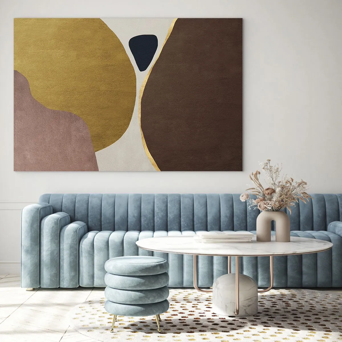 Obraz na szkle - Minimalistyczna kompozycja abstrakcyjnych kształtów - 70x50cm - Abstrakcja – miejsce w przestrzeni - Nowoczesna dekoracja ścienna do salonu i sypialni ARTTOR