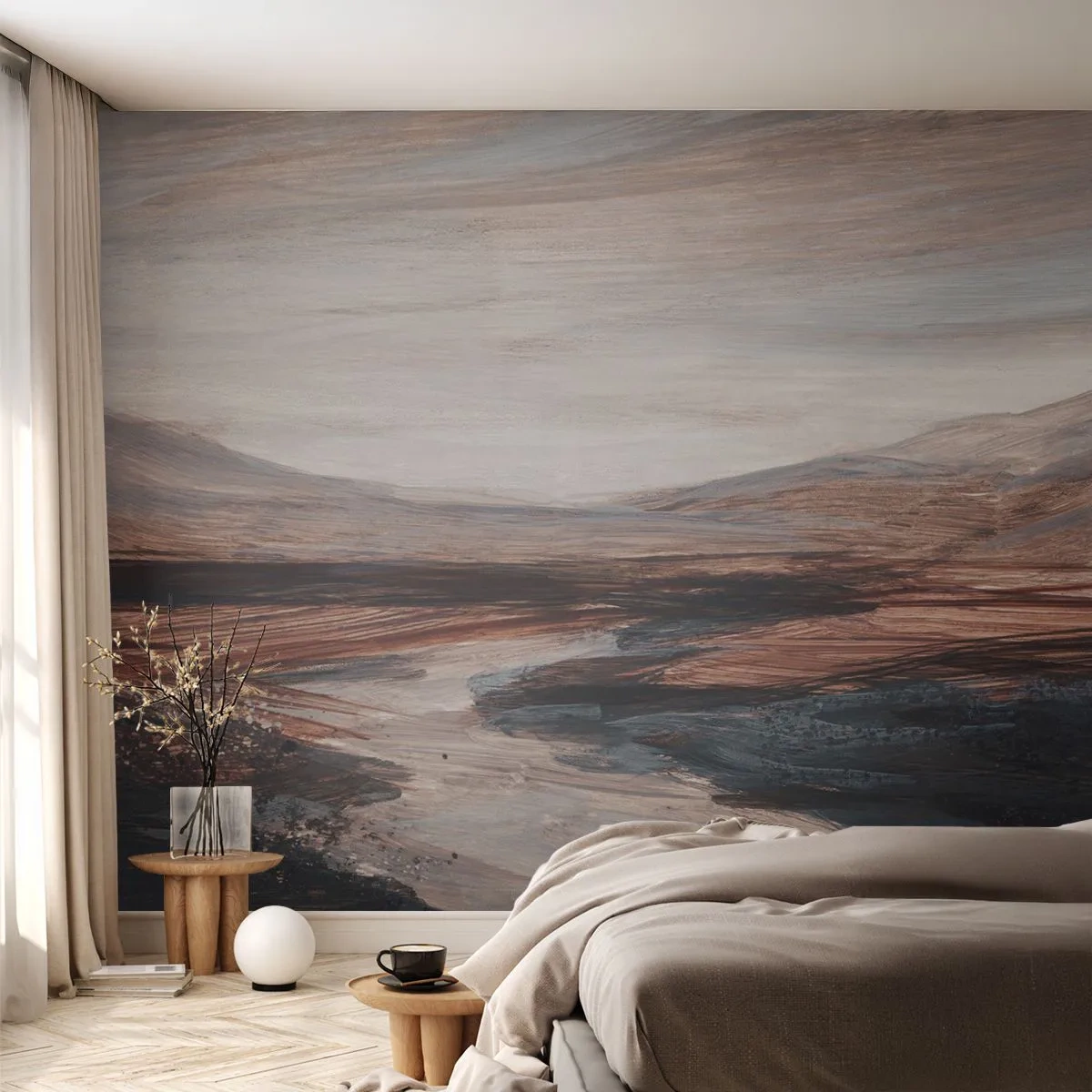 Fototapeta Premium Sand - Malarska dolina z rzeką w odcieniach brązu i błękitu - 100x70cm - Spokojna dolina - Nowoczesna dekoracja ścienna do salonu, kuchni i sypialni ARTTOR