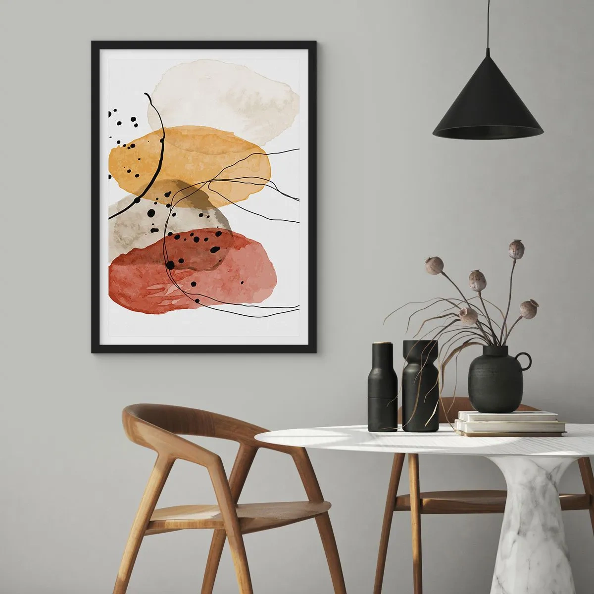 Plakat w czarnej ramie - Abstrakcyjne kształty w odcieniach beżu, żółci i czerwieni - 50x70cm - Jak powietrze lekkie, przejrzyste - Nowoczesna dekoracja ścienna do salonu i sypialni ARTTOR