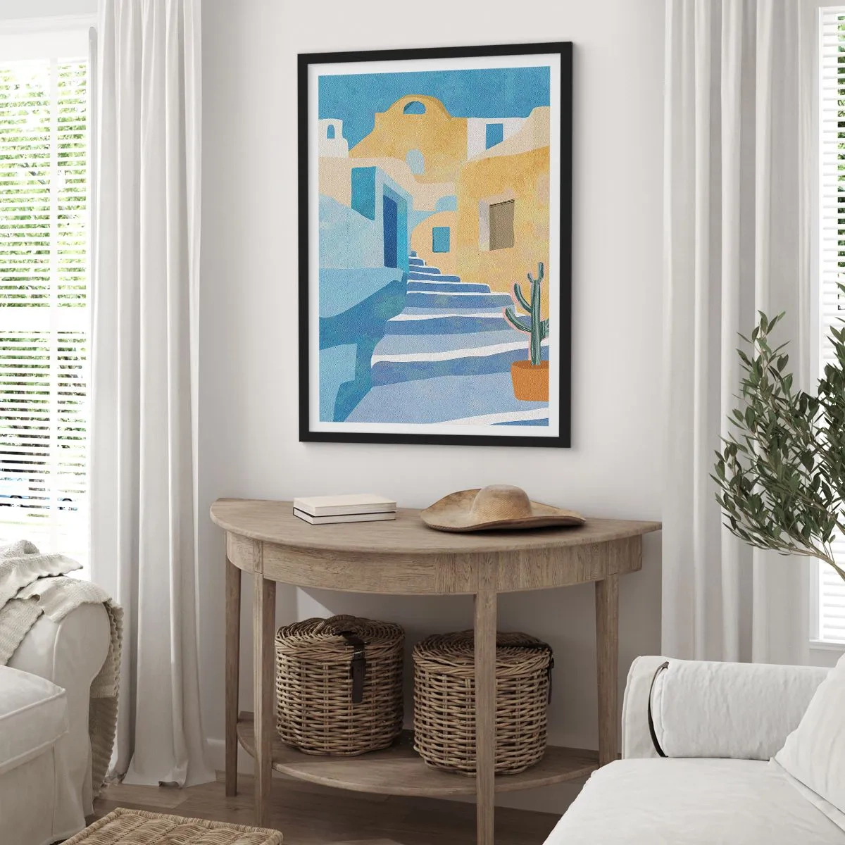 Plakat w czarnej ramie - Śródziemnomorska architektura w pastelowych barwach - 50x70cm - Dzień w arabskim mieście - Nowoczesna dekoracja ścienna do salonu i sypialni ARTTOR