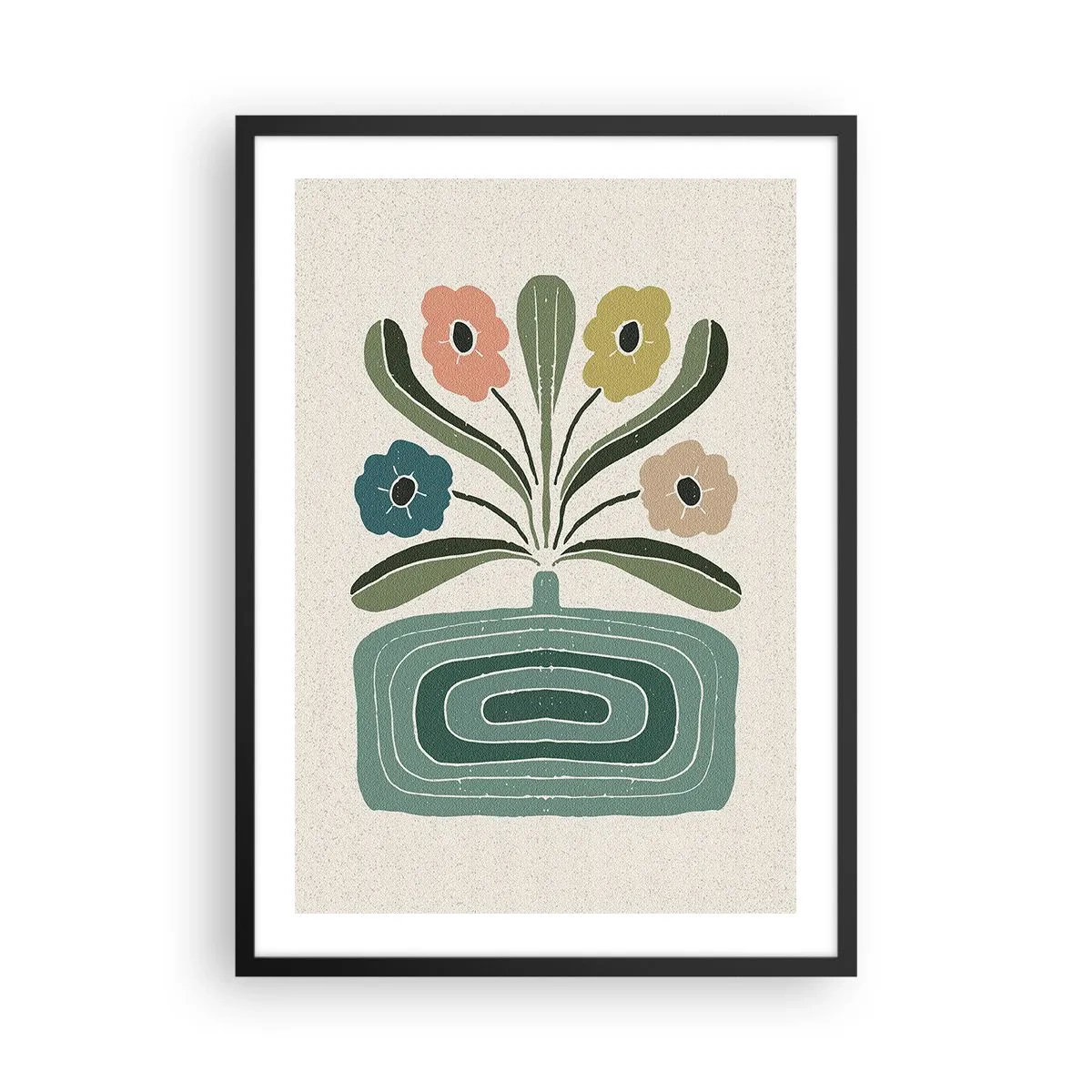 Plakat w czarnej ramie - Stylizowane kwiaty w graficznej kompozycji - 50x70cm - Bukiet symetryczny - Nowoczesna dekoracja ścienna do salonu i sypialni ARTTOR