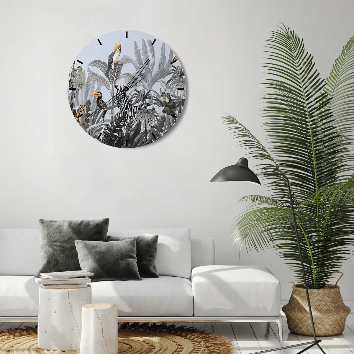 Zegar ścienny - Tropikalne rośliny z egzotycznymi zwierzętami na tle dżungli - 30x30cm - Afrykańska bajka - Nowoczesna dekoracja ścienna do salonu, kuchni i sypialni ARTTOR