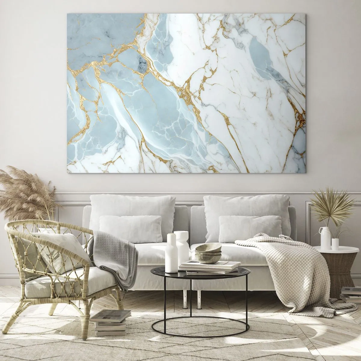 Obraz na szkle - Abstrakcyjny marmur w odcieniach błękitu i złota - 70x50cm - Bogactwo kamienia - Nowoczesna dekoracja ścienna do salonu i sypialni ARTTOR