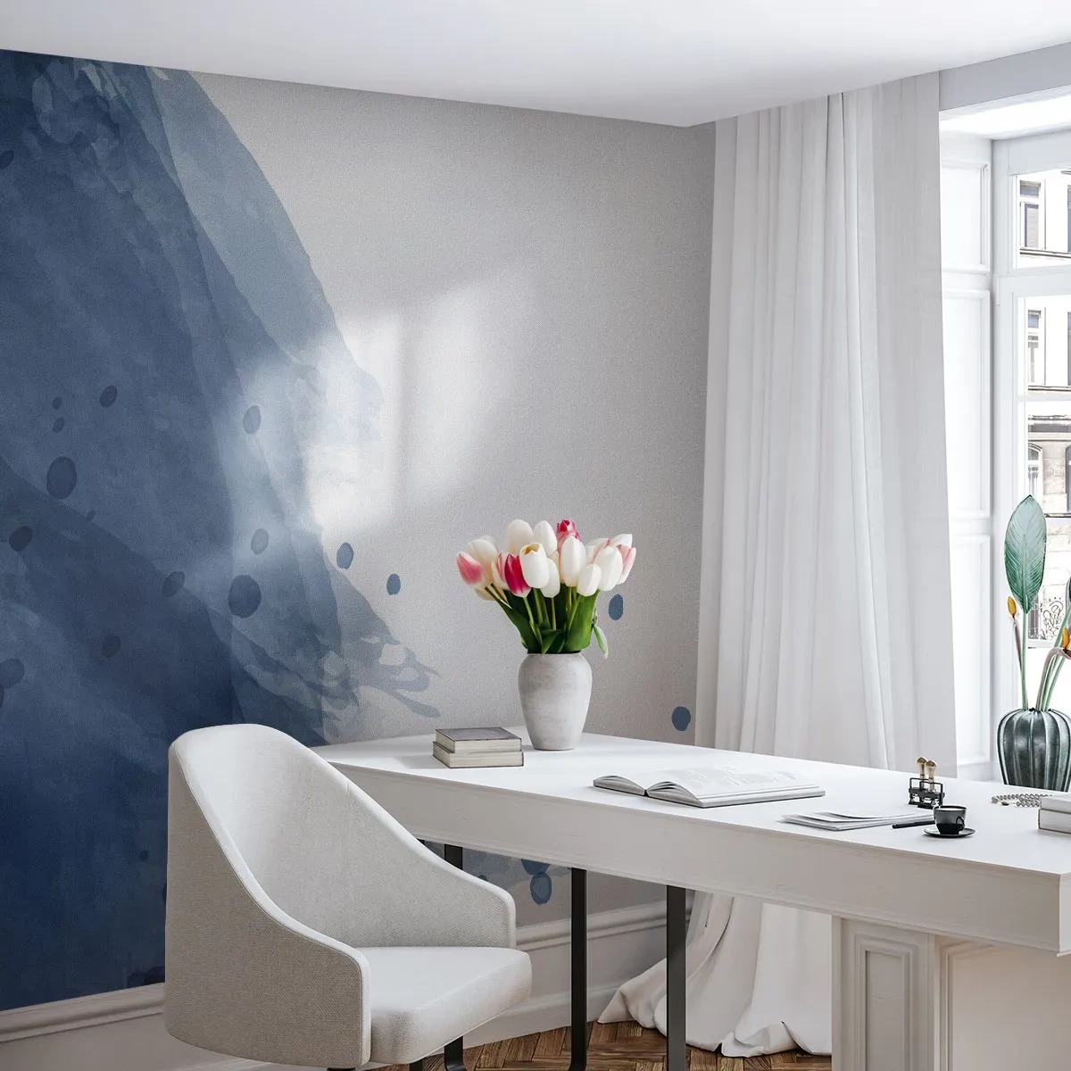 Fototapeta Premium Sand - Delikatna niebieska akwarela z plamkami na białym tle - 100x70cm - Niebieski tiul - Nowoczesna dekoracja ścienna do salonu, kuchni i sypialni ARTTOR