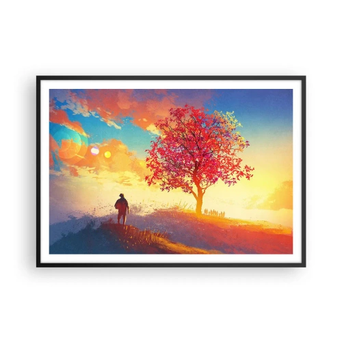 Plakat w czarnej ramie - Postać na wzgórzu obok kolorowego drzewa w świetle zachodzącego słońca - 100x70cm - Pielgrzym u celu - Nowoczesna dekoracja ścienna do salonu i sypialni ARTTOR