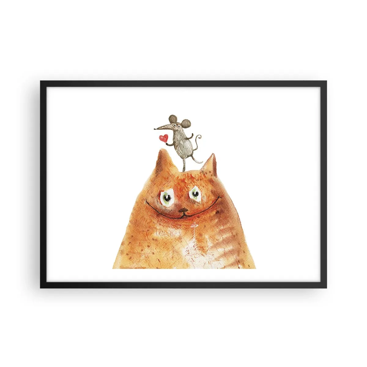 Plakat w czarnej ramie - Rysunek kota z myszą na głowie trzymającą serce - 70x50cm - Paradoksy miłości - Nowoczesna dekoracja ścienna do salonu i sypialni ARTTOR