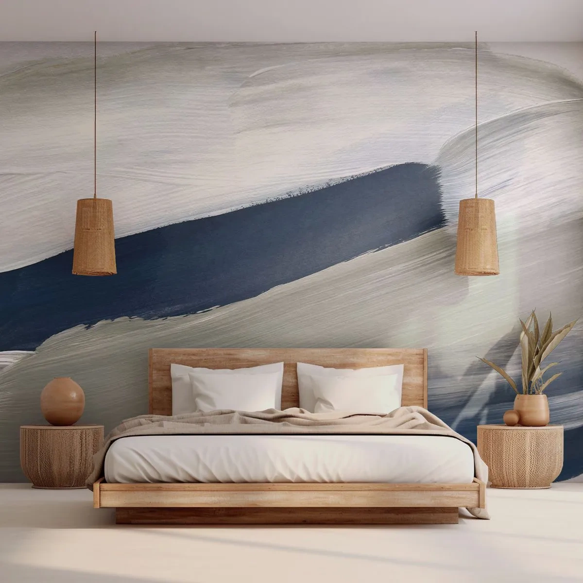 Fototapeta Premium Sand - Abstrakcyjne pociągnięcia pędzla w bieli, szarości i granacie - 100x70cm - Spotkanie z bielą - Nowoczesna dekoracja ścienna do salonu, kuchni i sypialni ARTTOR