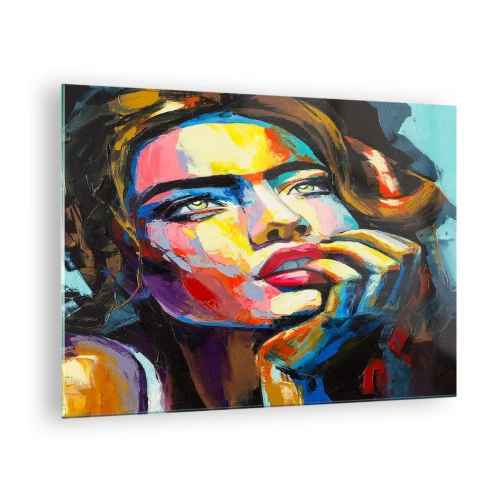 Obraz na szkle - Marzenia jak ptaki szybują po niebie - Portret kobiety w intensywnych kolorach abstrakcji - 70x50cm