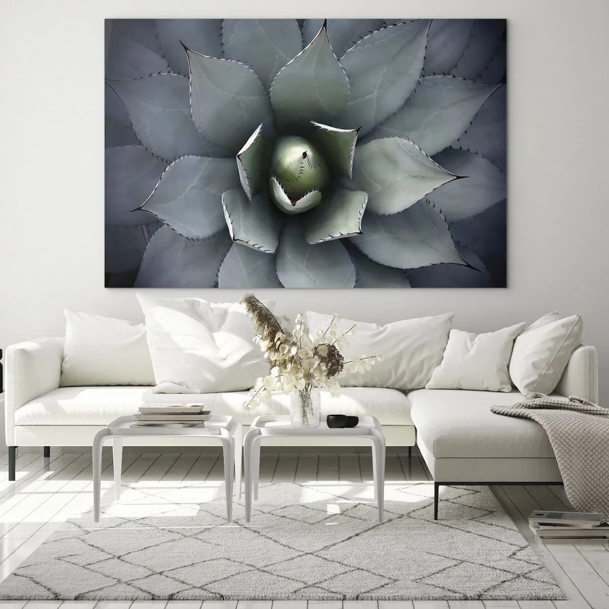 Obraz na szkle - Zbliżenie symetrycznych liści agawy o stalowej barwie - 70x50cm - Wabi i przestrzega - Nowoczesna dekoracja ścienna do salonu i sypialni ARTTOR