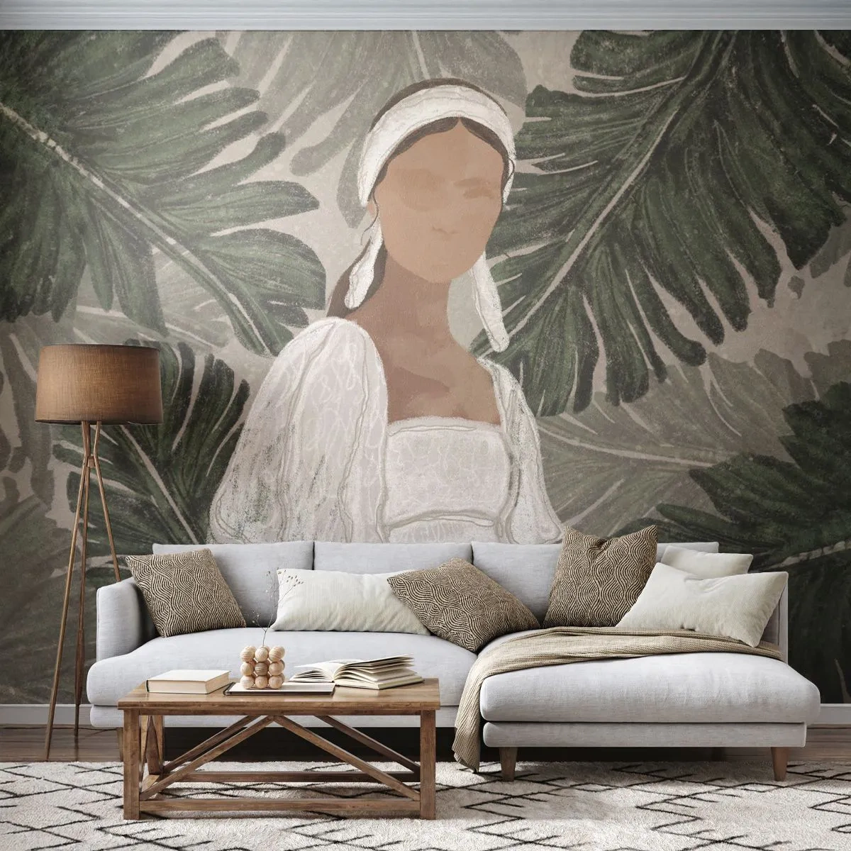 Fototapeta Premium Sand - Postać kobiety w białej sukni na tle egzotycznych liści - 100x70cm - Portret egzotyczny - Nowoczesna dekoracja ścienna do salonu, kuchni i sypialni ARTTOR