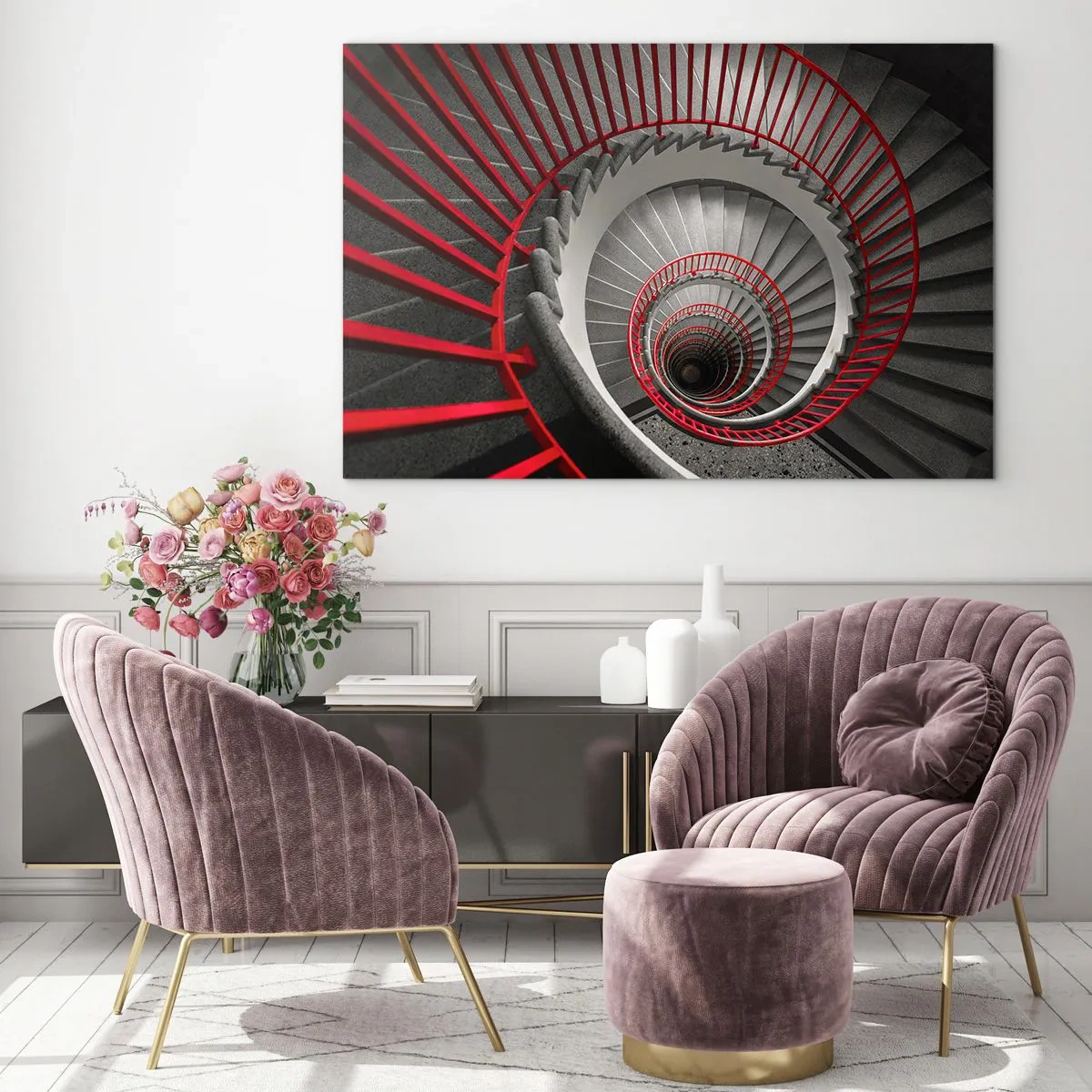 Obraz na szkle - Spiralne schody z czerwonymi poręczami w perspektywie - 70x50cm - Zabawy architektury - Nowoczesna dekoracja ścienna do salonu i sypialni ARTTOR